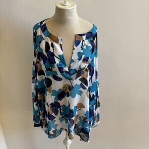 Lane Bryant Blouse Womens 26 28 Sheer Feminine Blue Floral Flowy Boho Chic